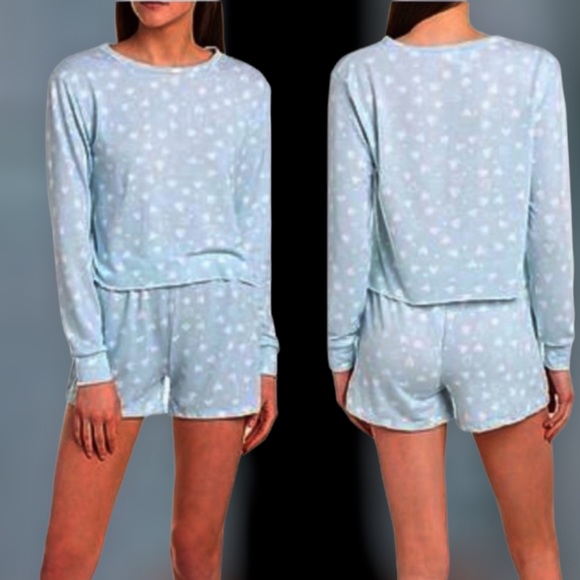 CATHERINE MALANDRINO BLUE WHITE HEART PRINT SMALL SHORTS SET NWT - Picture 2 of 5